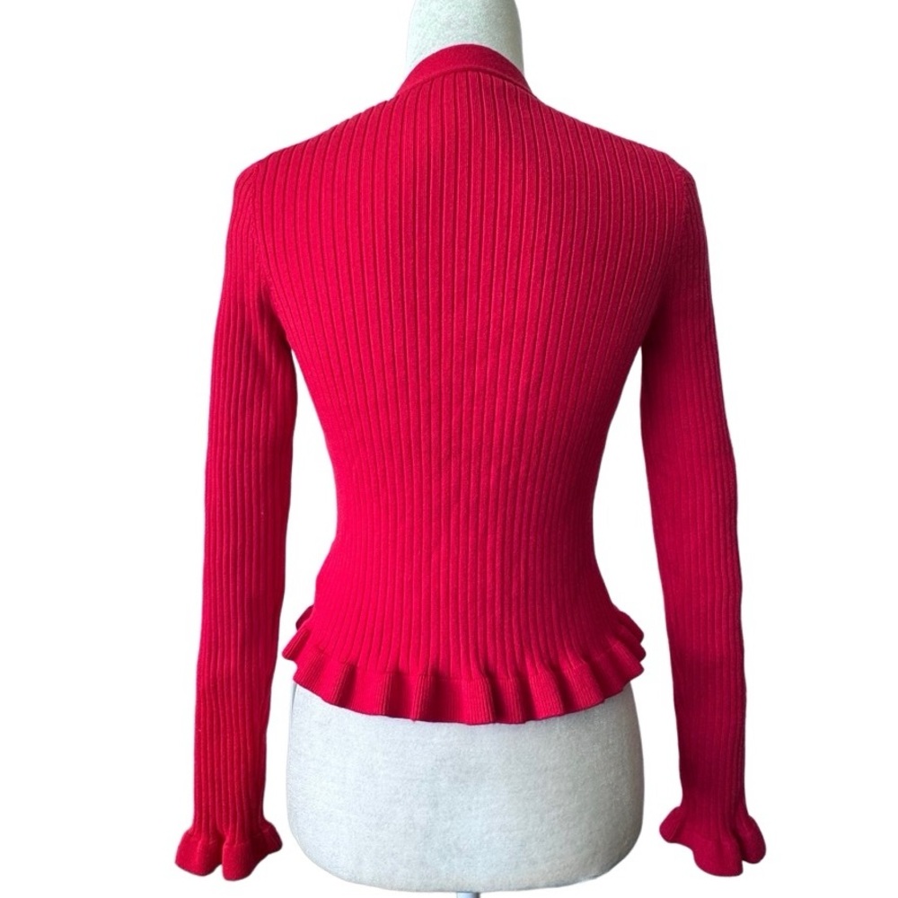 Commense Red Cardigan Ruffled Trim Pearl Button Long Sleeve SZ M NWT - Picture 4 of 12